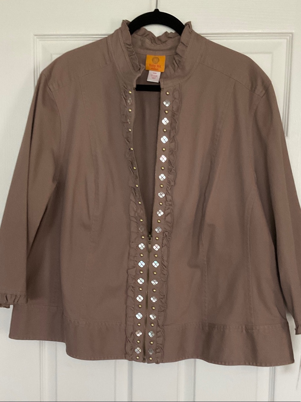 Ruby Rd. Mauve Brown Embellished Ruffle Front Utility Jacket - Picture 2 of 3